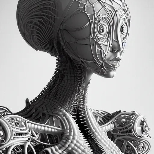 Image similar to closeup portrait of an absurdly beautiful, graceful, sophisticated, fashionable cyberpunk mechanoid gravure idol, an ultrafine hyperdetailed illustration by irakli nadar, matt wisniewski style, fashion photography, intricate linework, porcelain skin, jellyfish headdress, fractal ivory carved ruff, unreal engine 5 highly rendered, global illumination, radiant light, detailed and intricate environment