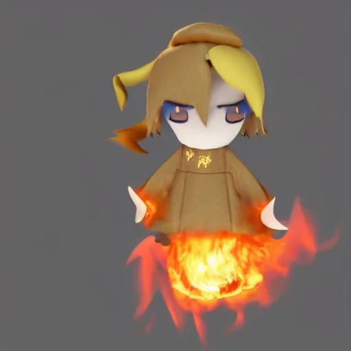 Image similar to cute fumo plush of a wizard student who accidentally set fire to an entire magical castle, stressed, fire, particle simulation, vray