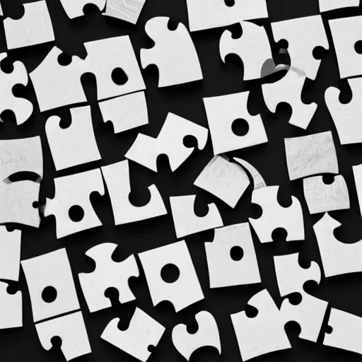 Prompt: pile of puzzle pieces arrange in a question mark, overhead shot, Sony a79, stock photo, desktop background, minimalist,