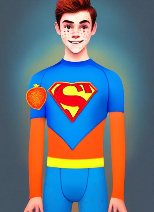 Image similar to friendly teenage archie andrews wearing an orange superhero costume with heart logo, heart, freckles, blue cape, heart emblem on chest, blue cape, intricate, elegant, glowing lights, highly detailed, digital painting, artstation, sharp focus, illustration, art by wlop, mars ravelo and greg rutkowski