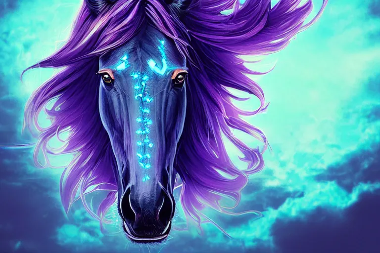 Prompt: a stunning horse with bioluminescent mane and tail jumping in the clouds by sandra chevrier and greg rutkowski, purple blue color scheme, celtic neon runes, vaporware, retro, outrun, high key lighting, volumetric light, digital art, highly detailed, fine detail, intricate, ornate, complex, octane render, unreal engine, photorealistic