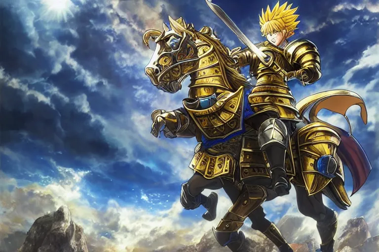 Image similar to an ultra detailed portrait of king richard the lionhearted as a paladin shonen anime protagonist charging into battle wearing bright gold armor and riding a horse blessed by god, epic anime fantasy, 8 k, volumetric lighting, smooth, highly detailed, digital illustration, art by kentaro miura and akira toriyama and artgerm