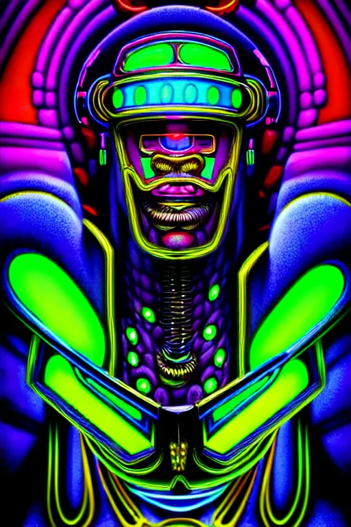 Image similar to maximalist detailed neon knight portrait. lowbrow scifi artwork by kidsquidy ø - cult and subjekt zero. ray tracing hdr polished sharp in visionary psychedelic fineart style inspired by ben ridgway and igor goryunov