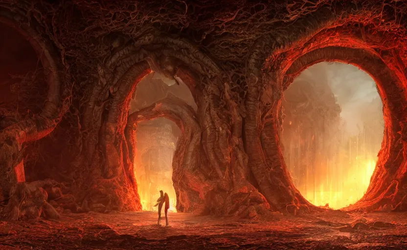 Image similar to realistic photo of a lovecraft creature in a hell gate portal, filaments, translucent, photorealistic, hyperrealism, high resolution, ultra - detailed, by marc simonetti, natural volumetric lighting, realistic 4 k octane beautifully detailed render, 4 k post