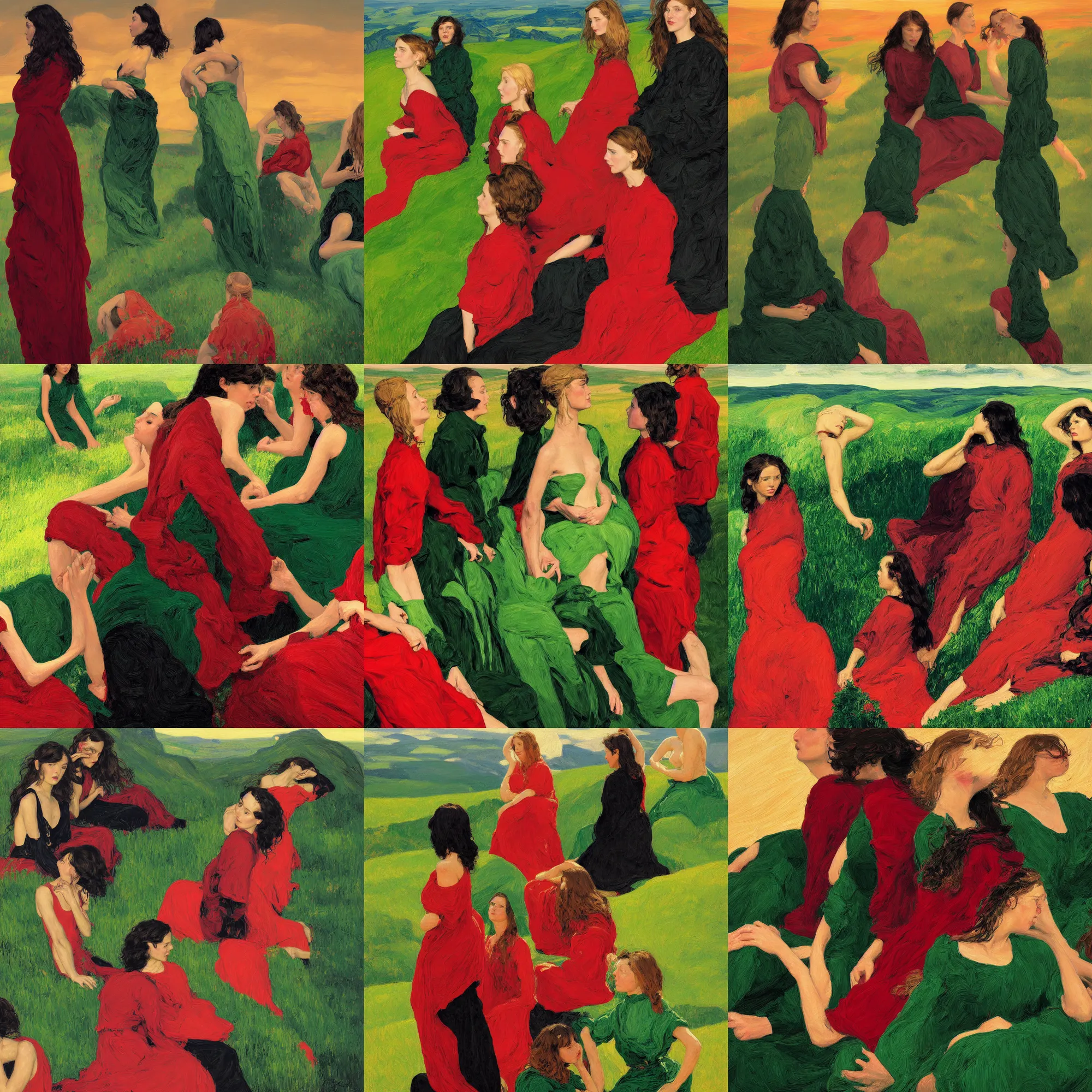 Prompt: three sitting girl in red and green and black maxi dresses between clouds above green fields in sunset light, close up portrait, elegant, intricate, digital painting, artstation, concept art, smooth, sharp focus, illustration, art by ed mell and Daniel F. Gerhartz and Jacek Malczewski and gustav klimt, Tibor Nagy