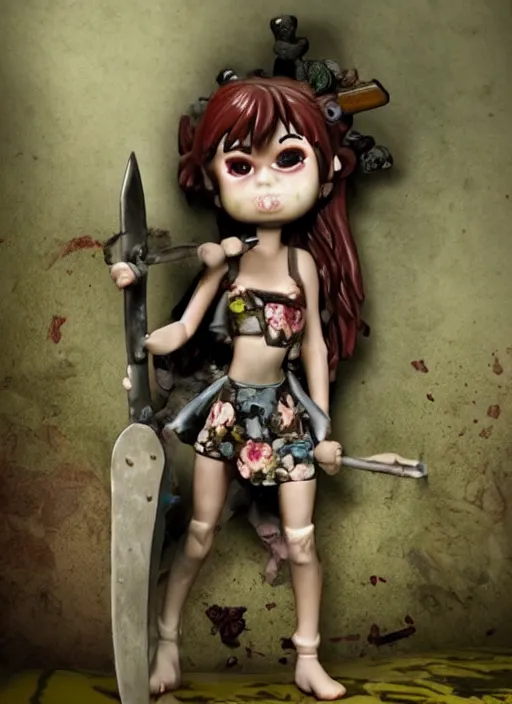 Image similar to an ominous femo figurine of a cute funny axe wielding fairy with bandages wearing a dirty floral torn dress featured on left 4 dead by studio ghibly and gamesworkshop, carrying survival gear, dark and moody atmosphere, wide angle, dynamic dancing pose, 🎀 🪓 🧚