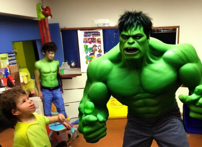 Image similar to the hulk working at a daycare