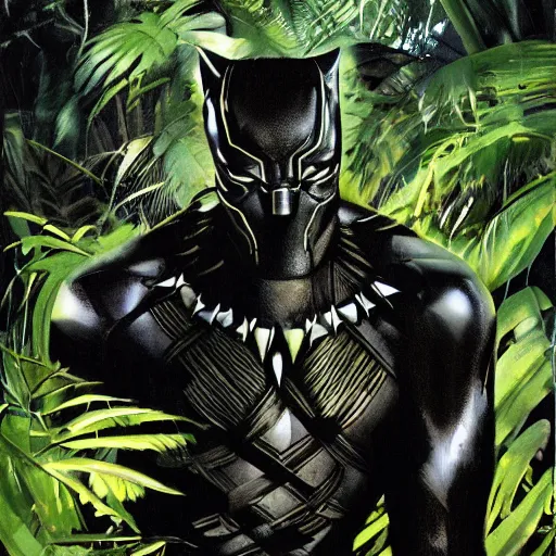 Image similar to black panther in the jungle by dave mckean and yoji shinkawa, oil on canvas