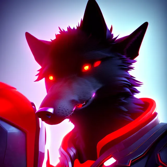 Prompt: portrait of a anthropomorphic black male wolf with red long red hair wearing futuristic clothes in a futuristic city, hyper detailed, digital art, trending in artstation, cinematic lighting, studio quality, smooth render, unreal engine 5 rendered, octane rendered, art style by pixar dreamworks warner bros disney riot games and overwatch.