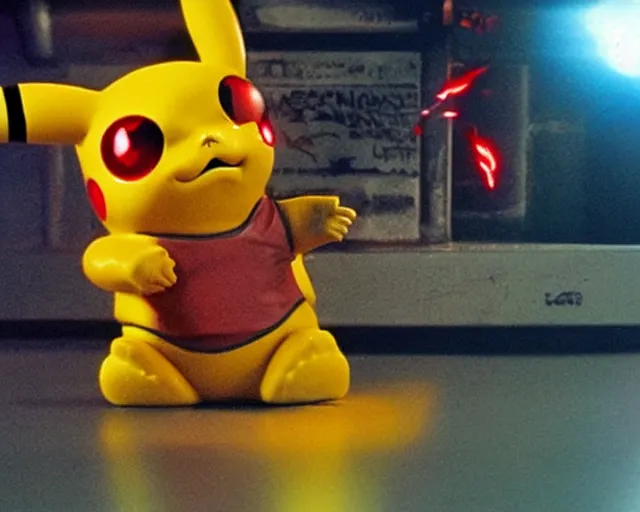 Prompt: Terminator pikachu, scene where his endoskelet gets exposed his eye glows red