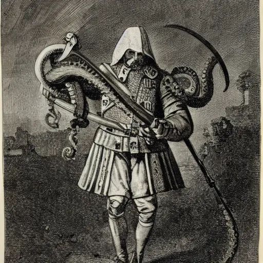 Image similar to A colonial soldier with an octopus head, engraving, ink, black and white, 17th century