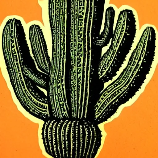 Prompt: Latin American Linocut Art on paper of a beautiful cactus. Epic fantasy art.