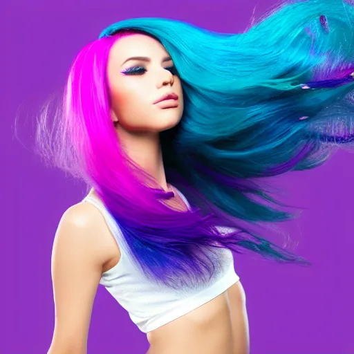 Image similar to a award winning full body shot of a beautiful woman in a croptop with a ombre purple pink teal hairstyle with head in motion and hair flying, outrun, vaporware, vivid colors, highly detailed, fine detail, intricate