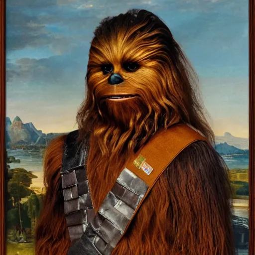 Prompt: a portrait painting of chewbacca from star wars in a renaissance style hanging in the louvre