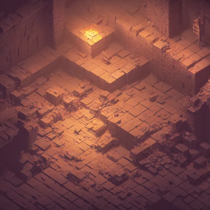 Image similar to isometric view of a dimly lit dungeon, broken tiles and debris, a 3 d render by paul kelpe, cgsociety contest winner, volumetric lighting, cinematic lighting, isometric