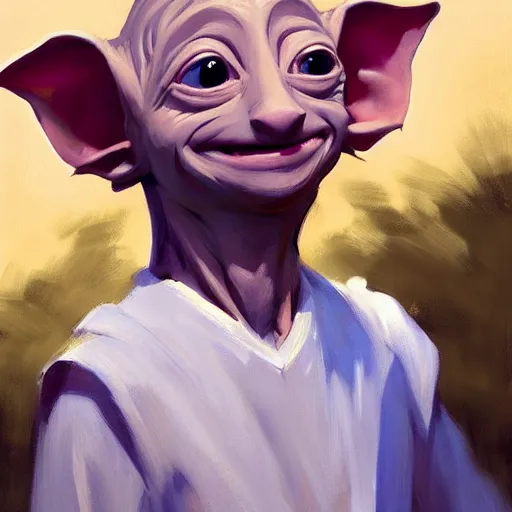 Image similar to greg manchess portrait of happy dobby the house elf cheering, organic painting, sunny day, matte painting, bold shapes, hard edges, street art, trending on artstation, by huang guangjian, gil elvgren, ruan jia, randy vargas, greg rutkowski