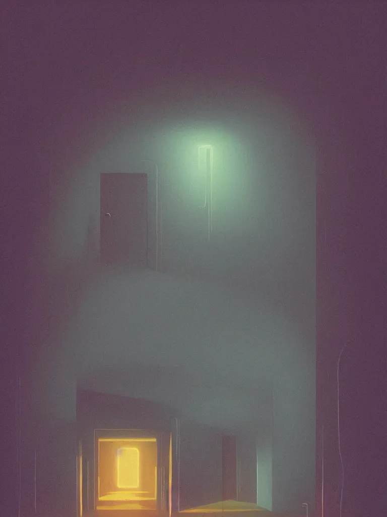 Prompt: a dark hallway, at the end there is a mysterious door with a neonsign in the style of simon stalenhag, golden ratio,