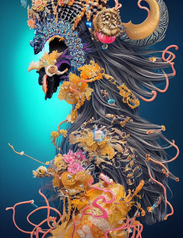 Image similar to 3 d goddess close - up profile portrait with crown, ram skull. beautiful intricately detailed neon japanese crow kitsune mask and clasical japanese kimono. betta fish, jellyfish phoenix, bio luminescent, plasma, ice, water, wind, creature, artwork by tooth wu and wlop and beeple and greg rutkowski