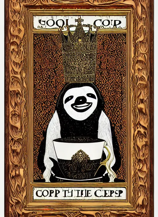 Image similar to sloth as the king of cups, copper cup, coper crown, poster framed, intricate details, medieval art style, high contrast, posterized