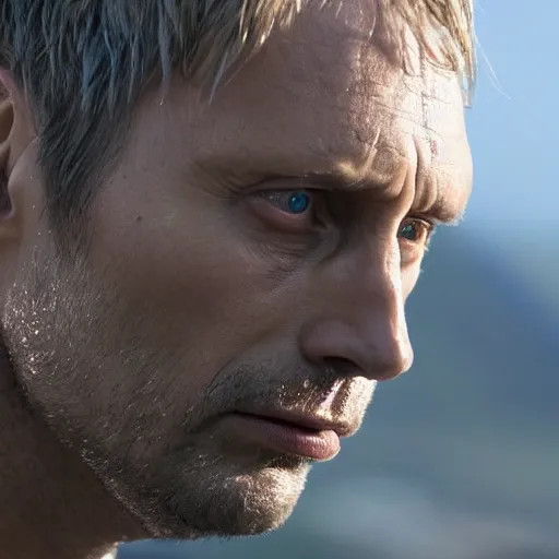 Prompt: Mads Mikkelsen as na'vi, mountains, close up, sharp focus