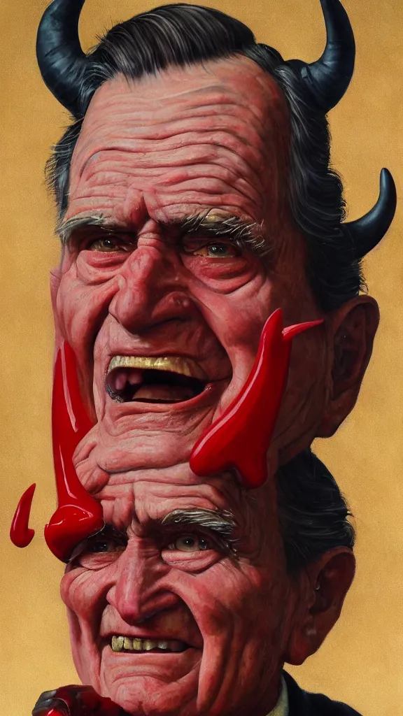 Image similar to demonic george hw bush with red horns, painting in the style of norman rockwell, 1 9 5 0 s, evil, satan, devil, demonic, demon, hyperrealistic, photorealistic, award - winning, 4 k, ultra hd, artstation, intricate, highly detailed, american, usa, dark, gritty