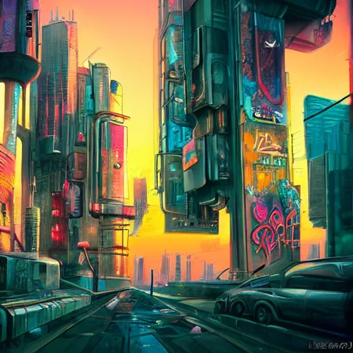 Image similar to beautiful graffiti on a wall in a cyberpunk city, happy mood, futuristic, high detail, sunset, realistic