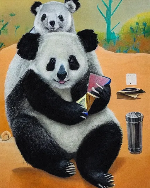 Prompt: a panda with an eyepatch and a koala with a rucksack hanging out int he australian outback with a VB and a playing poker in the style of Sidney Nolan