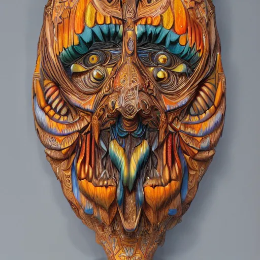 Prompt: An incredibly detailed and intricate woodwork carving featuring a kaleidoscope of colors depicting the face of an alien creature