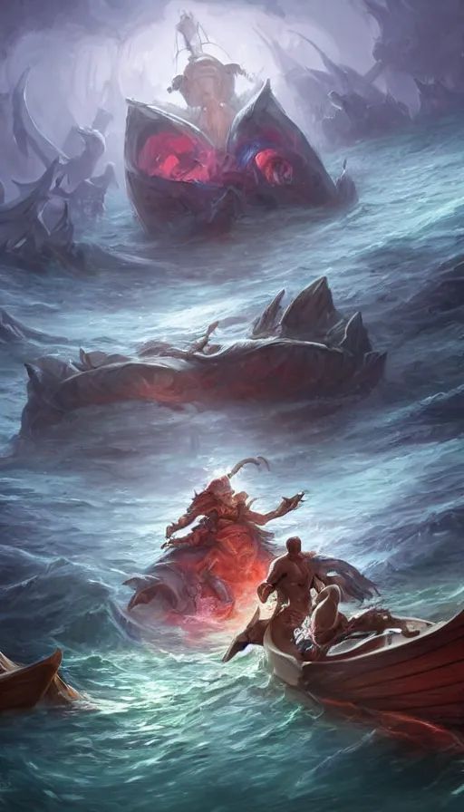 Prompt: man on boat crossing a body of water in hell with creatures in the water, sea of souls, by league of legends concept artists