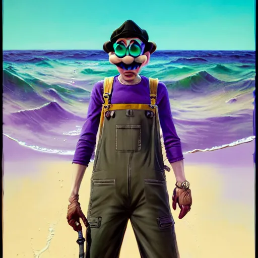 Image similar to Extremely Detailed and Full Portrait scene of Gooey Ocean scene in ink and refined sand, Waluigi with shades on face. wearing purple shirt and hat with dark grey overalls full body smiling by Akihito Yoshitomi AND Yoji Shinkawa AND Greg Rutkowski, Mark Arian trending on artstation