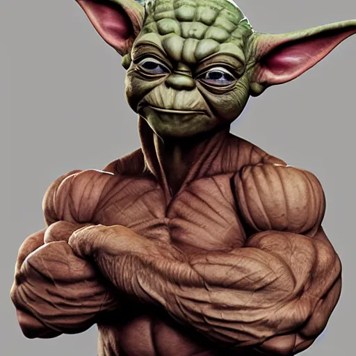 Prompt: muscular yoda, au naturel, hyper detailed, digital art, trending in artstation, cinematic lighting, studio quality, smooth render, unreal engine 5 rendered, octane rendered, art style by klimt and nixeu and ian sprigger and wlop and krenz cushart