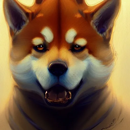 Image similar to Portrait of Shiba Inu, D&D, blue eyes, fantasy, intricate, elegant, highly detailed, digital painting, artstation, concept art, smooth, sharp focus, illustration, art by artgerm and greg rutkowski and alphonse mucha