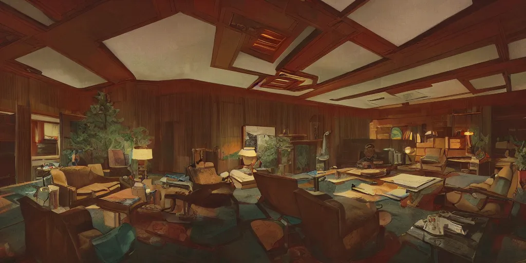 Prompt: main protagonist inside living room of insanely wealth man's frank lloyd wright style mansion in maine being hunted by shadows, game concept art, steven king, 1980s, retro, highly detailed, artstation, wide angle lens