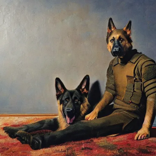 Image similar to a oil painting of a humanoid german shepherd beast - man, wearing military outfit, sitting on the carpeted floor beside a bed