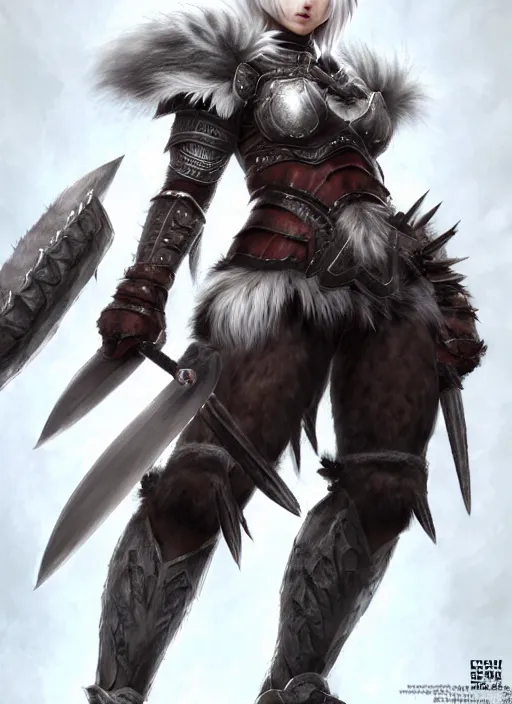 Prompt: warrior, fur - lined heavy armor!!! beautiful and athletic white hair female!! monster hunter!! character concept art, sharp focus, octane render! unreal engine 5! highly rendered!! trending on artstation!! detailed linework!! illustration by artgerm, wlop, and chie yoshii