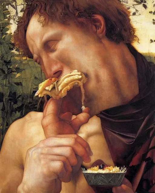 Prompt: saturn devouring his big mac, by edgar maxence and caravaggio and michael whelan, intricate painting, hyper realistic, extremely detailed and beautiful aesthetic face, 8 k resolution