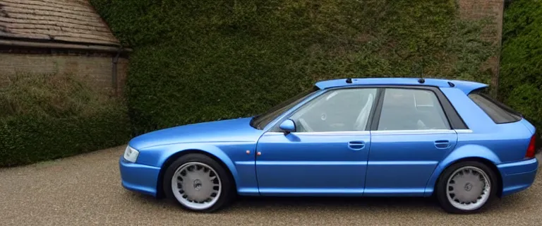 Image similar to Denim Blue Audi A4 B6 Avant Convertible (2002), soft top roof raised, red interior, created by Barclay Shaw