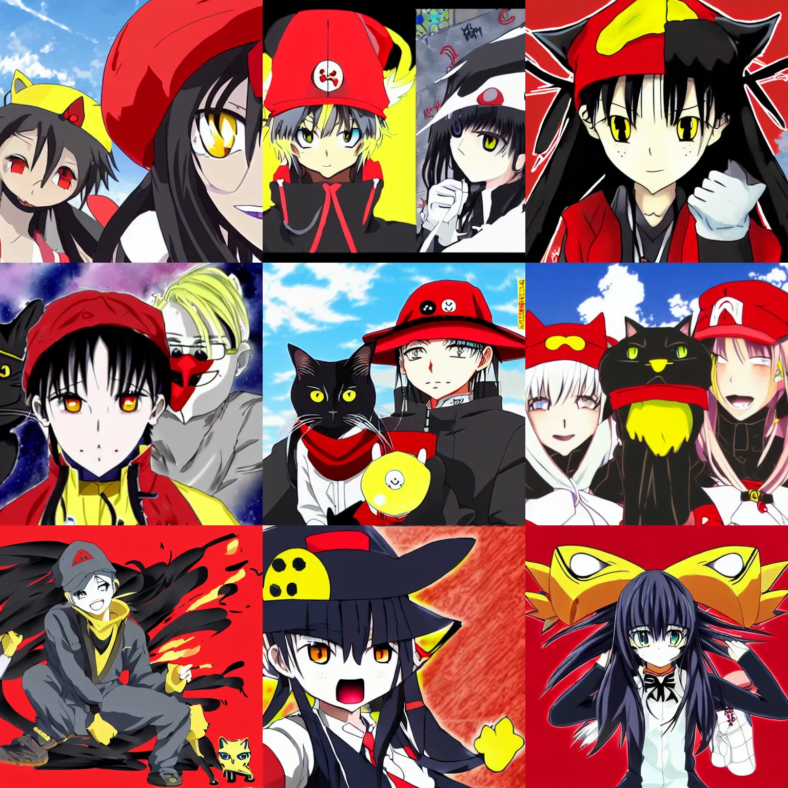 Prompt: an anime character with yellow eyes and a red hat with a black cats face on it, a screenshot by hiromu arakawa, featured on pixiv, neogeo, anime aesthetic, official art, anime