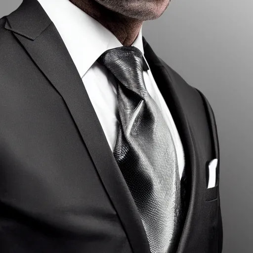 Image similar to full shot photograph of a black suit with a black shirt and silver tie, silver tie, with a silver tie and black shirt photorealistic photograph cinematic lighting intricate detailed 8 k resolution