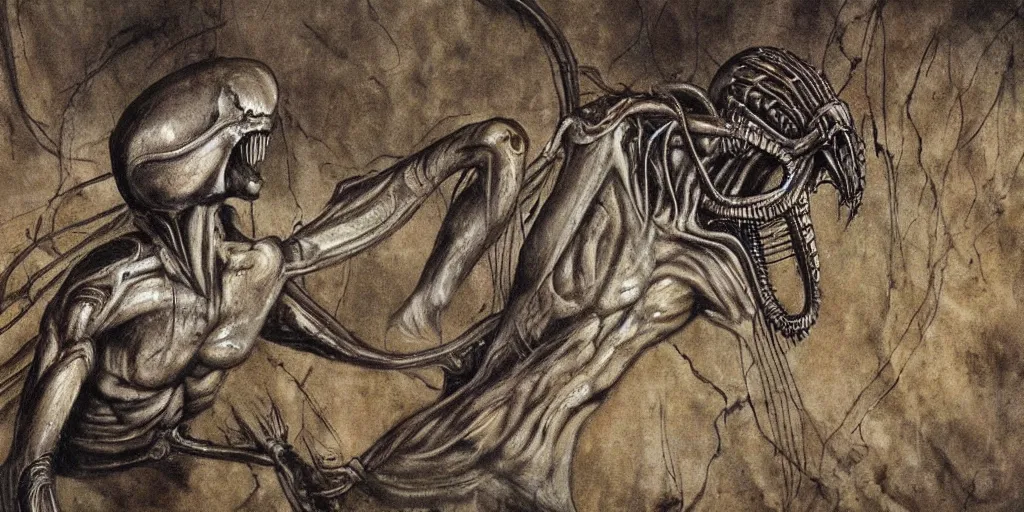 Prompt: alien xenomorph in the style of HR Giger, cave painting, movie scene