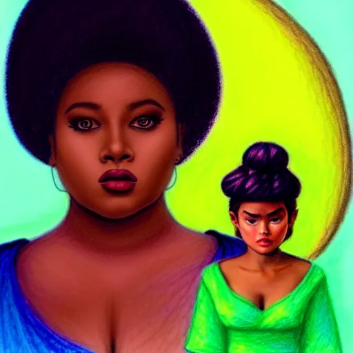 Image similar to crayon drawing of ☁✨🌙👩🏾, plus size woman, soft elegant gown, neon god of city character portrait, in the style of margaret keane, moebius, tom bagshaw, and waterhouse, cinematic lighting, beautiful, elegant, oil painting,