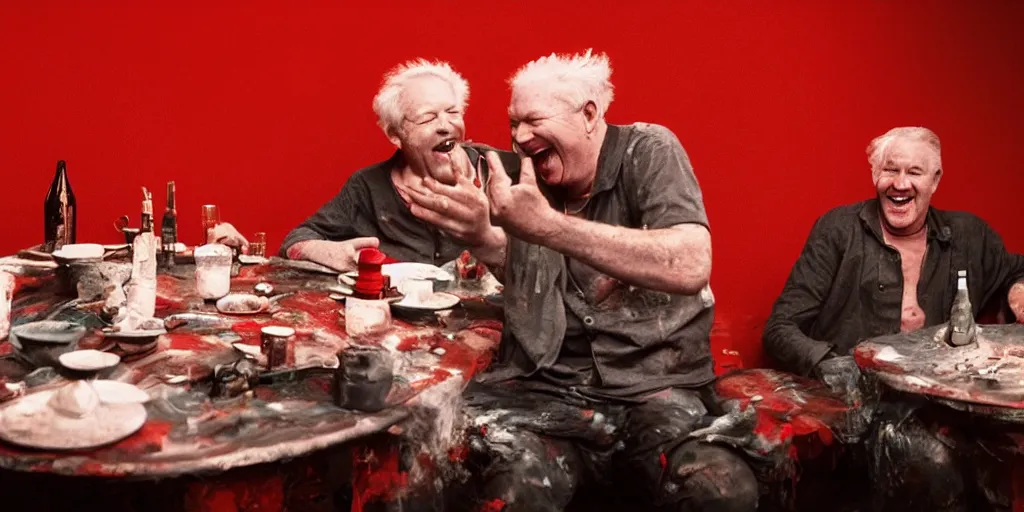 Prompt: film still of old men laughing!!!! sitting at a round table and finger painting in a red room covered in torches directed by david lynch, vibrant colours, backlighting