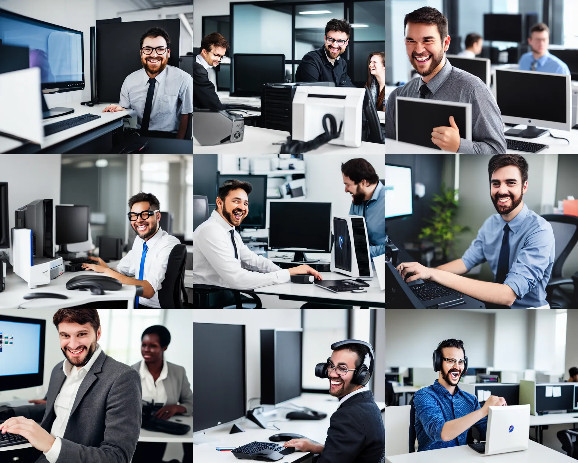 Prompt: photography of an office worker smiling because he brough his gaming pc to work, his coworkers are unamused