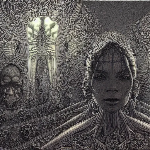 Prompt: dmt machine elves, tweaking the simulation, photorealistic, ink and charcoal illustration by audrey kawasaki and peter elson and bruce pennington and zdzisław beksinski ; moody lighting