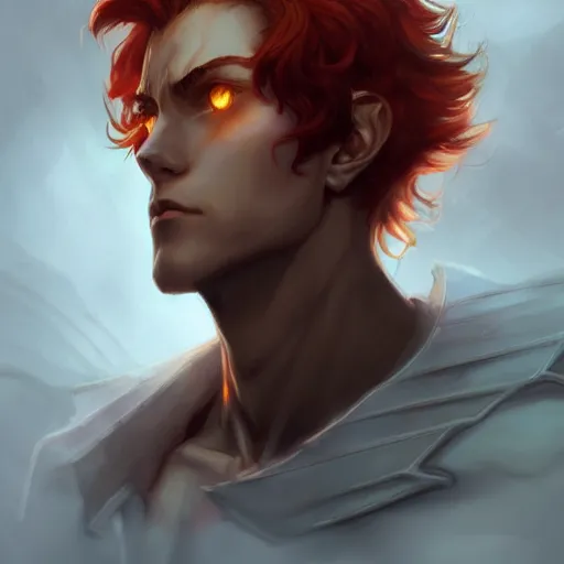 Prompt: portrait of hisoka morow hunter hunter, male, sharp jaw yellow eyes small eyes red hair crimson medium length hair, anime, fantasy, intricate, elegant, highly detailed, digital painting, artstation, concept art, matte, sharp focus, illustration, art by artgerm and greg rutkowski and alphonse mucha