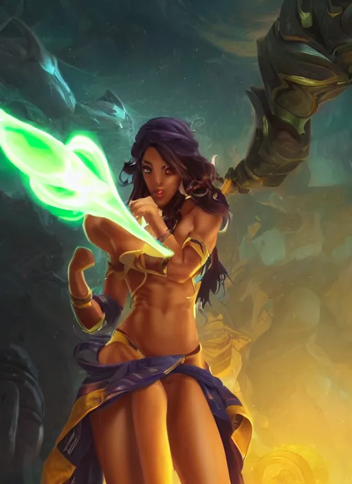 Image similar to senna from league of legends, au naturel, firing a giant weapon, with abs, brown skin, glowing green neon eyes, wearing white robe, digital art, trending in artstation, cinematic lighting, studio quality, smooth render, unreal engine 5 rendered, octane rendered, art style by klimt and nixeu and ian sprigger and wlop and krenz cushart