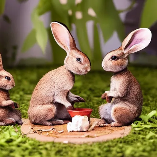 Image similar to A diorama of a bunny family sitting around the table having dinner