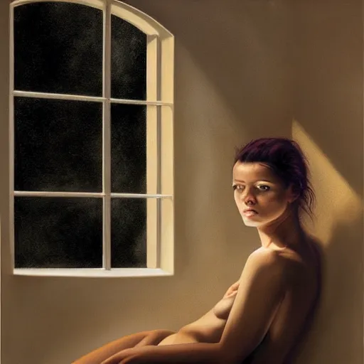 Image similar to natural, aesthetic by joel rea, by jeff wall, by josef capek. a experimental art of a beautiful young woman seated at a window, looking out at the viewer with a serene expression on her face. the light from the window illuminates her features & creates a warm, inviting atmosphere. the essence of beauty & tranquility.