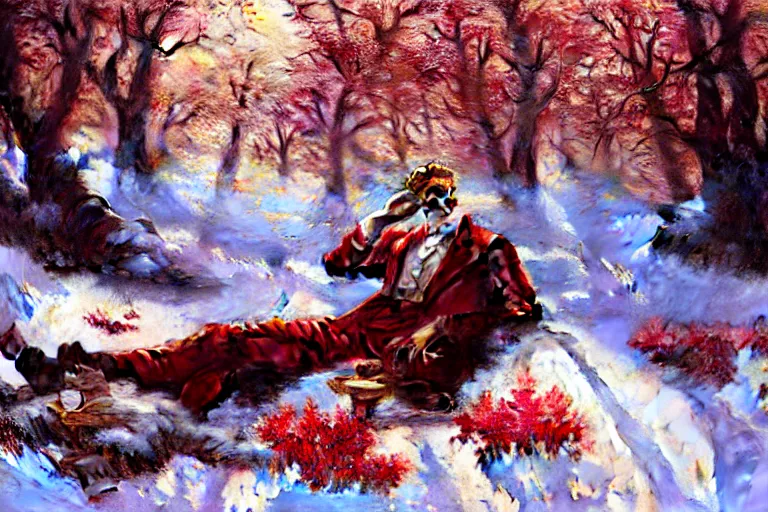 Image similar to winter, a clean - shaven white businessman relaxing under a world tree with red flowers, ground covered with snow, extreme long shot, fantasy, painting by gaston bussiere, craig mullins, j. c. leyendecker, trending on artstation