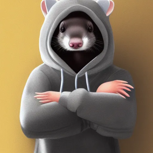 Image similar to An anthropomorphic ferret wearing a grey hoodie and a beanie, trending on FurAffinity